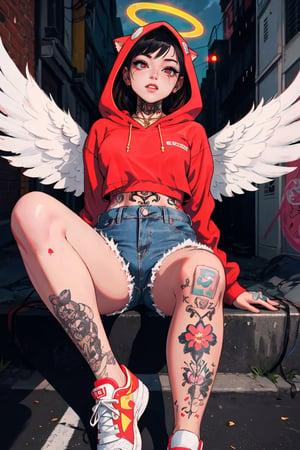 (masterpiece:1.1), (highest quality:1.1), (HDR:1.0), hiphop angel by sachin teng x supreme, 1girl, perfect body, v cut abs, red cropped hoodie:0.5, cut off denim shorts:0.5, sneakers, attractive, stylish, white angel wings on back:0.5, falling white and gold feathers:0.5, glowing golden halo, tick gold chain necklace:0.5, designer, black, asymmetrical, graffiti, street art,ruanyi0220,SAM YANG,Female,hmnc1,BJ_Violent_graffit,High detailed,(best quality,Yandere girl,1girl,blacklight,CLOUD,neon, body tattoos:1.0, leg tattoos:0.5, masterpiece),portrait,illustration, animal ears,titsonastick,fcloseup,Yandere,tattoo,tattooedgirl, angel kiss piercing:1.0, long flowing shiny hair:1.0, vertical labret piercing:1.0