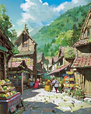 (((best quality))),building,cloudy_sky, day, fantasy, market, houses, buildings, medieval fantasy ,architecture,landscape, moss, outdoors, road, rock, scenery, sky, A lively, expanded marketplace filled with merchants, bartering, crowds of people, busy market, fair, hundreds of people, busy street, foreground has merchant selling fruit