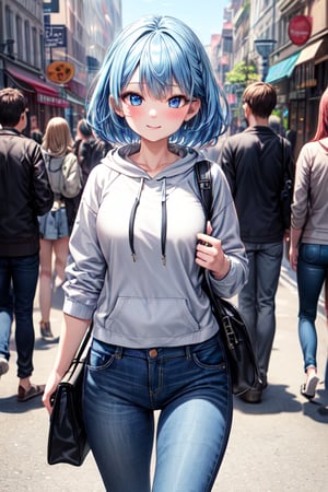 masterpiece, best quality, 1slim girl, solo, ultra-detailed, very detailed illustrations, extremely detailed, intricate details, highres, super complex details, extremely detailed 8k cg wallpaper, caustics,reflection,rays,short blue hair,blue eyes,smile,blush,hoodie and jeans,bag pack,street background,no_humans,scenery
