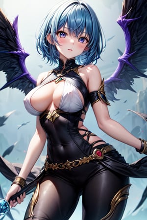 masterpiece,best quality,fantasy,1 slim girl,solo,black pants,((blue hair)),colorful,short hair,little boobs,top black,standing, wings
