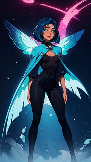masterpiece,best quality,fantasy,1 slim girl,solo,black pants,((blue hair)),colorful,short hair,little boobs,top black,standing, wings