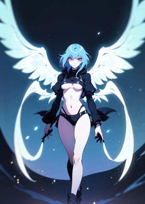 masterpiece,best quality,fantasy,1girl,solo,bikini white,((blue hair)),colorful,short hair,medium boobs,standing,open legs, wings