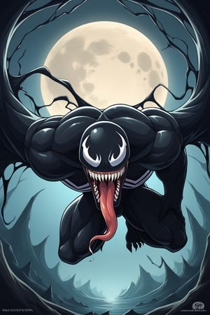 A stunning CGI scene! In a dark, outdoor setting with a full moon casting an eerie glow, a colossal Venom stands towering over its prey. The massive monster's black skin glistens in the moonlight as it grasps a tiny human between its enormous hands. The human, no larger than a thumb, frantically tries to escape but is slowly being squished into a gruesome pile of mush. Venom's sharp teeth and tongue lick its lips in anticipation as it continues to squeeze its prey with an air of menace.