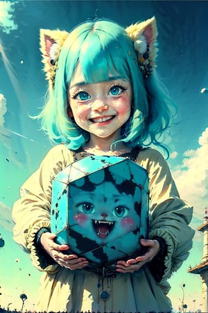 Smiling fluffy cyan cube with big eyes and big smile, EpicArt,mesugaki