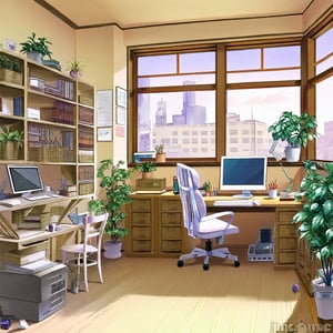 1girl,ogc,background,chair, computer, keyboard_\(computer\), laptop, monitor, mouse_\(computer\),  office_chair,  (potted_plant:0.4), scenery, window