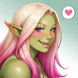 1woman, solo, long hair, blush, smile, simple background, gradient background, gradient hair, pink hair, multicolored hair, blond hair, heart, pointy ears, colored skin, fangs, spoken heart, green skin, orc