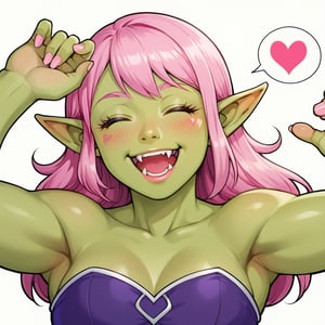 1girl, solo, long hair, blush, smile, open mouth, simple background, white background, closed eyes, pink hair, heart, pointy ears, colored skin, fangs, spoken heart, green skin, orc