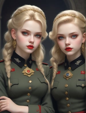 The two girls before you are a sight to behold - their blonde hair and pale skin almost ethereal. But their piercing red eyes and mischievous smirks hint at something darker. Dressed in Army uniforms, adorned with high collars and ornate jewelry, they exude a sense of danger and rebellion.