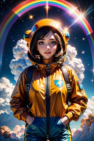 (masterpiece), best quality, expressive eyes, perfect face, Beautiful young woman standing in a rainbow cloud everything around her is big bright splash the color she’s quite happy she’s wearing a backpack. She’s a traveler. She travels new areas in the universe. She’s wearing a rainbow space suit beautiful face big orange space helmet.