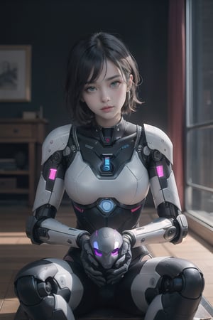 As the woman sits, she can't help but smile at her pet robot, a unique and visually striking addition to her life.inspired by WLOP, Artstation, #genshinimpact pixiv, extremely detailed, aesthetic, concept art, ultrafine detail, breathtaking, 8k resolution, vray tracing