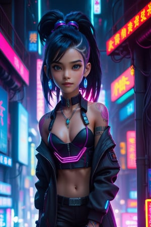 A stunning young woman, A lone figure stands under the neon lights of a cyberpunk city, her long black hair glowing with multicolored streaks. She looks directly at the viewer, her piercing pink eyes glowing in the night. She wears a jacket adorned with glowing jewelry and earrings, and a necklace that seems to pulse with its own light. Her blue hair and ear piercings add to her edgy, futuristic look.