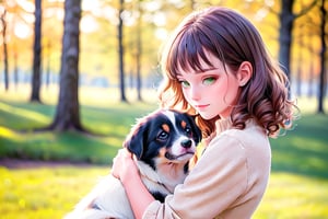 A tender moment captured on camera: a sweet young girl, with bright smile and curly locks, cradles a tiny puppy in her arms. The little pup's fluffy ears and paws peek out from the folds of her dress as she gazes lovingly at its adorable face. Soft focus, warm sunlight, and a blurred background create a cozy atmosphere, emphasizing the tender bond between this gentle girl and her new furry friend.