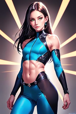 "Step into the realm of stylistic rendering with this painterly anime artwork, showcasing the iconic Psylocke as a powerful and confident female hero. Her petite but muscular figure is accentuated by her tan skin and tight blue outfit, as she hovers with an aura of black energy. The ultra-realistic features include glowing brown eyes and a smug expression, while the tight flat stomach is a masterpiece of fine details, making this a true work of art."