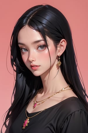 This interesting prompt showcases a solo girl with long, black hair and a striking necklace that complements her colored skin. The artist's stylistic rendering captures the unique texture of her hair and the subtle curve of her nose, while the pink background adds a touch of whimsy to the portrait.