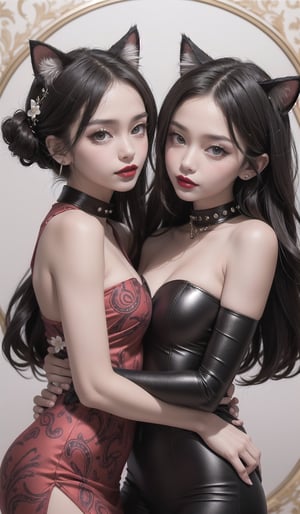 The twins' half cat masks are a sight to behold, They have bright red lipstick on, with a stunning paisley pattern skin tight dress. No Sleeves, Their white chocker collars add a touch of elegance to their otherwise dark attire as they hold each other close, their bright lipstick and piercing eyes adding an air of mystery,teengirlmix