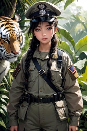 Gorgeous, big face wave French braids, army hat, raggedy army clothes. She’s obviously in the service much too scrawny much too thin much too small, but she is beautiful. She’s ready for battle. She has the amazing look on her face of fear and injustice surrounded by deep jungle, she’s Asian she’s Vietnamese, she’s just something frightening standing next to her A tiger standing next to her