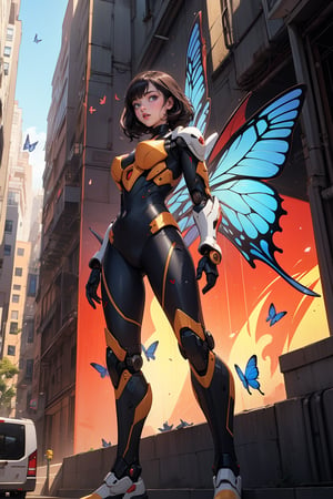 1 girl, by Anthony van Dyck, 
Anime-style character with short dark hair, dressed in a futuristic robotic suit featuring blue and red accents, standing in an urban setting with tall buildings. Several butterflies are seen flying around, adding a touch of nature to the sci-fi environment.
red and gold background, masterpiece,