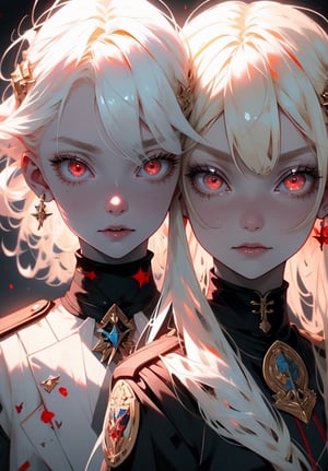 Too evil looking blonde, albino Girls stare out at you with their mischief look they are wearing what appears to be a Military uniform with high collars and lots of jewelry and badges. They both have red eyes.