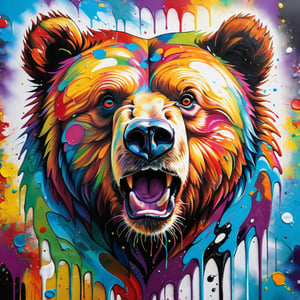 (masterpiece), best quality, expressive eyes, perfect face, A Colorful grizzly bear surrounded by swirls of splashes of color. This is the painterly bear done with heavy brushes lots of color, big swirls of pain around the grizzly bear. graffiti art, splash art, street art, spray paint, oil gouache melting, acrylic, high contrast, colorful polychromatic, ultra detailed, ultra quality, CGSociety