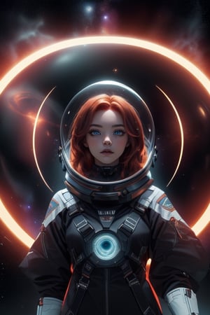 Visualize a (((20-year-old woman with red hair and Pale Blue eyes))), dressed as an intergalactic Space Queen complete with a sleek, futuristic ((space helmet)), surrounded by swirling stars and glowing planets in the background
