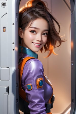 ray tracing, (best quality), (masterpiece), (highres), original, extremely detailed 8K wallpaper, (an extremely delicate and beautiful), colorful, intricate detail, artbook, 1 femalel, Amazingly beautiful, and Pretty female inside of spaceship seated in pilot seat, Bright Orange and tight fitting space shorts with moon boots on. Smiling, laughing playing with hair, which is Bob cut and green and color. You can see through the spaceship window a galaxy and other spaceships floating in space