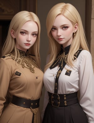 The two Girls before you are a sight to behold - their blonde hair and pale skin almost ethereal. But their piercing red eyes and mischievous smirks hint at something darker. Dressed in Army uniforms, adorned with high collars and ornate jewelry, they exude a sense of danger and rebellion.