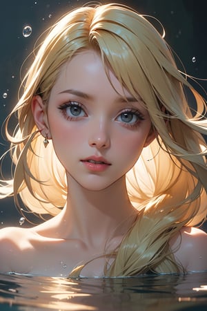 A digital artwork of an ethereal woman submerged in water. The woman has long, flowing blonde hair illuminated by a soft, golden light. She has a calm and serene expression, with water droplets floating around her. The background is an underwater setting with shades of blue and green, creating a mystical and tranquil atmosphere. The lighting highlights her face and hair, giving a sense of luminosity. The style is highly detailed and realistic with a slight fantastical touch.