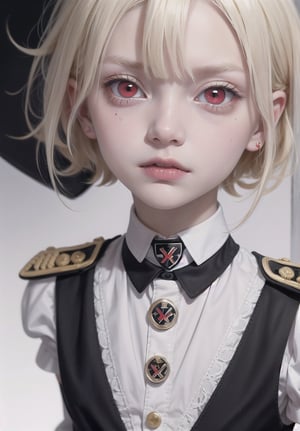 Too evil looking blonde, albino boys stare out at you with their mischief look they are wearing what appears to be a Nazi uniform with high collars and lots of jewelry and badges. They both have red eyes.