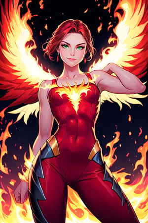 A stunning young woman stands tall, her arms crossed confidently as a bright smile lights up her face. Her body is engulfed in flames, much like the legendary Johnny Storm. She is a fire goddess, a fierce and powerful Phoenix, radiating with strength and beauty.
