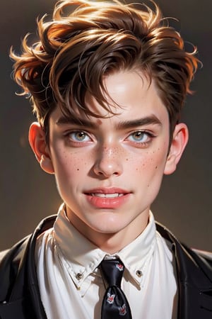 A range of styles and variations of a young boy with a large head, brown hair, buck teeth, and big ears. From a realistic portrait to a cartoonish caricature, this prompt allows for endless possibilities in capturing the unique and diverse features of this character. With his wild hair and freckles, he exudes a playful and mischievous energy, much like the iconic Alfred Newman from Mad Magazine.