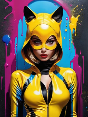 A stunning and cunning cat burglar, with mesmerizing yellow eyes and a captivating half mask, her tight spandex bodysuit accentuating her every move as she prepares to enter the opulent mansion. graffiti art, splash art, street art, spray paint, oil gouache melting, acrylic, high contrast, colorful polychromatic, ultra detailed, ultra quality, CGSociety graffiti art, splash art, street art, spray paint, oil gouache melting, acrylic, high contrast, colorful polychromatic, ultra detailed, ultra quality, CGSociety 
