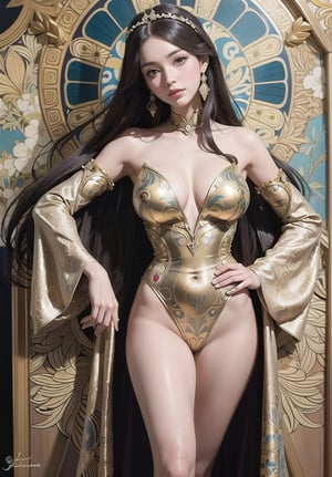 "Behold the disco queen of your dreams, adorned in art nouveau patterns that exude a sense of opulence and grandeur. The artist's skillful rendering brings to mind the works of Alphonse Mucha, Gil Elvgren, and JC Lydecker, creating a unique and captivating piece that will leave you in awe."