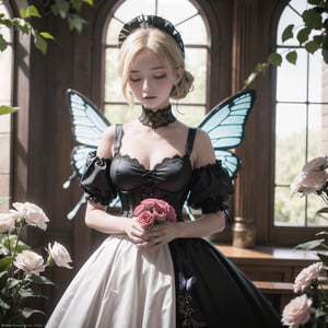(masterpiece), best quality,  ,A stunning blonde-haired girl stands alone, her closed eyes hidden behind a delicate butterfly mask. She wears a corset with puffy sleeves and a maid headdress, her hair adorned with a flower and butterfly wings. Her hands are clasped together, holding a bouquet of flowers, and a butterfly rests on her shoulder. The intricate details of her jewelry and the watermark on her dress add to the overall ethereal and magical feel of the scene.