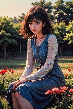 hyper realistic image, intensely detailed, A female sits in a field Red polka dotted mushrooms, Wearing Blue Dress, hands reaching out to touch the delicate caps. The sun shines down, casting a warm glow on the scene, while a gentle breeze rustles through the tall grass. Her eyes widen in wonder as they take in the magical world around them.