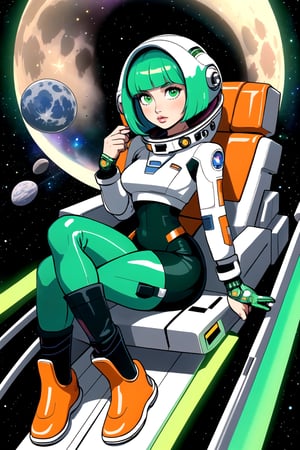 1girl, solo, colorful, intricate detail, artbook, 1 femalel, Amazingly beautiful, and Pretty female inside of spaceship seated in pilot seat, Bright Orange and tight fitting space suit on, moon boots on, which is Bob cut and green and color. You can see through the spaceship window a galaxy and other spaceships floating in space. 
