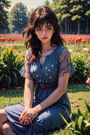 fhyper realistic image, intensely detailed, A female sits in a field Red polka dotted mushrooms, Wearing Blue Dress, hands reaching out to touch the delicate caps. The sun shines down, casting a warm glow on the scene, while a gentle breeze rustles through the tall grass. Her eyes widen in wonder as they take in the magical world around them.