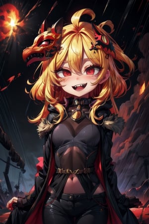 8k resolution, high resolution, masterpiece, long black scaly coat, open coat, yellow hair, white trickster mask,mocking smile painted on the mask,red smile, fanged smile,red eyes painted on the mask,squinted eyes, black gloves, black pants, arms thrown to the side, looking at the viewer, scarlet lightning in the background, rain, thunderstorm, the whole body in the frame, solo, detailed eyes, super detailed, extremely beautiful graphics, super detailed skin, best quality, highest quality, high detail, masterpiece, detailed skin, perfect anatomy, perfect hands, perfect fingers, complex details, reflective hair, textured hair, best quality, super detailed, complex details, high resolution, looking at the viewer, rich colors,Mrploxykun,JCM2,High detailed ,perfecteyes,Color magic,War of the Visions  ,Saturated colors