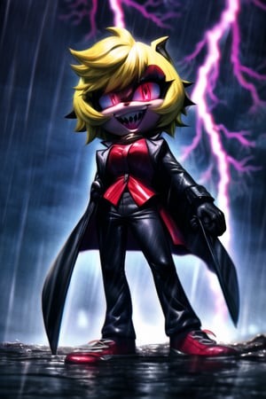 8k resolution, high resolution, masterpiece, long black scaly coat, open coat, yellow hair, white trickster mask,mocking smile painted on the mask,red smile, fanged smile,red eyes painted on the mask,squinted eyes, black gloves, black pants, arms thrown to the side, looking at the viewer, scarlet lightning in the background, rain, thunderstorm, the whole body in the frame, solo, 