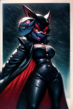 8k resolution, high resolution, masterpiece, long black scaly coat, open coat,  white trickster mask,mocking smile painted on the mask,red smile, fanged smile,red eyes painted on the mask,squinted eyes, black gloves, black pants, arms thrown to the side, looking at the viewer, scarlet lightning in the background, rain, thunderstorm, the whole body in the frame, solo, 