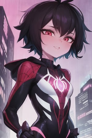 8k resolution, high resolution, masterpiece, intricate details, highly detailed, HD quality, solo, loli, short stature, little girls, only girls, dark background, rain, scarlet moon, crimson moon, moon, moon on the background, science fiction, science fiction city, red neon,

Peni Parker.red eyes.shining scarlet eyes.shining eyes.black hair.short haircut.slim build.teenage girl.Spiderman.Marvel.superhero.young woman.slim build.the red web.tight-fitting suit.black and red clothes.black spider print on the chest.black spider emblem.spider print.black print.hood.stretched hood.cheked smile.funny expression.fighting pose,

focus on the whole body, the whole body in the frame, the body is completely in the frame, the body does not leave the frame, detailed hands, detailed fingers, perfect body, perfect anatomy, wet bodies, rich colors, vibrant colors, detailed eyes, super detailed, extremely beautiful graphics, super detailed skin, best quality, highest quality, high detail, masterpiece, detailed skin, perfect anatomy, perfect body, perfect hands, perfect fingers, complex details, reflective hair, textured hair, best quality,super detailed,complex details, high resolution,

,AGGA_ST011,ChronoTemp ,illya,Star vs. the Forces of Evil ,Captain kirb,jtveemo,JCM2,Mrploxykun,Gerph ,Jago,Overlord,Artist,penini,C7b3rp0nkStyle,High detailed 