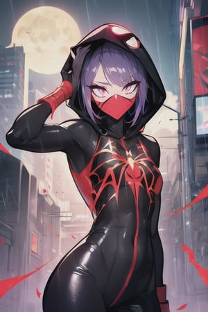 8k resolution, high resolution, masterpiece, intricate details, highly detailed, HD quality, solo, loli, short stature, little girls, only girls, dark background, rain, scarlet moon, crimson moon, moon, moon on the background, science fiction, science fiction city, red neon, blood red neon, burgundy red neon,

Black spider-man mask.red lenses.black mask.red spider web pattern.red lenses.shining scarlet lenses.shiny lenses.slim build.teenage girl. Spider-Man.Miracle.a superhero.slim build.the red web.tight-fitting suit.black and red clothes.red spider print on the chest.the emblem of the red spider.spider print.red print.hood.stretched hood.fighting pose.spider pose.superhero pose,

focus on the whole body, the whole body in the frame, the body is completely in the frame, the body does not leave the frame, detailed hands, detailed fingers, perfect body, perfect anatomy, wet bodies, rich colors, vibrant colors, detailed eyes, super detailed, extremely beautiful graphics, super detailed skin, best quality, highest quality, high detail, masterpiece, detailed skin, perfect anatomy, perfect body, perfect hands, perfect fingers, complex details, reflective hair, textured hair, best quality,super detailed,complex details, high resolution,

,Overlord,neon palette,JCM2,midjourney,horror,War of the Visions  ,Mrploxykun