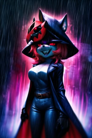 8k resolution, high resolution, masterpiece, long black scaly coat, open coat,  white trickster mask,mocking smile painted on the mask,red smile, fanged smile,red eyes painted on the mask,squinted eyes, black gloves, black pants, arms thrown to the side, looking at the viewer, scarlet lightning in the background, rain, thunderstorm, the whole body in the frame, solo, 