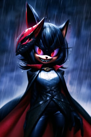 8k resolution, high resolution, masterpiece, long black scaly coat, open coat,  white trickster mask,mocking smile painted on the mask,red smile, fanged smile,red eyes painted on the mask,squinted eyes, black gloves, black pants, arms thrown to the side, looking at the viewer, scarlet lightning in the background, rain, thunderstorm, the whole body in the frame, solo, 