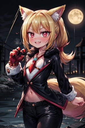 8k resolution, high resolution, masterpiece, intricate details, highly detailed, HD quality, solo, loli, short stature, little girls, only girls, dark background, rain, scarlet moon, crimson moon, moon, moon on the background, 

Red eyes.black sclera.vertical pupil.cat's pupil.glowing eyes.fangs.fox ears.a fox's tail behind his back.claws on the fingers.claw.black claws.small claws.blonde.yellow hair.long hair.straight hair.two ponytails.black scaly coat.black pants.an evil expression.grin.a joyful expression.fighting pose, 

focus on the whole body, the whole body in the frame, the body is completely in the frame, the body does not leave the frame, detailed hands, detailed fingers, perfect body, perfect anatomy, wet bodies, rich colors, vibrant colors, detailed eyes, super detailed, extremely beautiful graphics, super detailed skin, best quality, highest quality, high detail, masterpiece, detailed skin, perfect anatomy, perfect body, perfect hands, perfect fingers, complex details, reflective hair, textured hair, best quality,super detailed,complex details, high resolution,

,jcdDX_soul3142,JCM2,High detailed ,USA,Color magic,AmyRose,Mrploxykun,Sonic,perfecteyes,Artist,AGGA_ST011,AGGA_ST005,rizdraws,fairy_tail_style,Oerlord,illya,hornet,HarryDraws,jtveemo,ChronoTemp ,Star vs. the Forces of Evil ,arcane style,Landidzu,Captain kirb,Saturated colors,Color saturation ,DAGASI