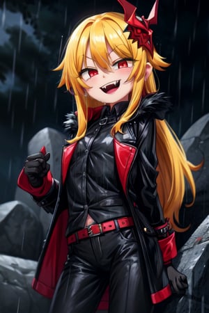 8k resolution, high resolution, masterpiece, long black scaly coat, open coat, yellow hair, white trickster mask,mocking smile painted on the mask,red smile, scarlet moon,  fanged smile,red eyes painted on the mask,squinted eyes, black gloves, black pants, arms thrown to the side, looking at the viewer, scarlet lightning in the background, rain, thunderstorm, the whole body in the frame, solo, 