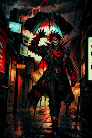 8k resolution, high resolution, masterpiece, long black scaly coat, open coat, black hair, faceless mask,smooth mask,white trickster mask,mocking smile painted on the mask,red smile, fanged smile,red eyes painted on the mask,squinted eyes, black gloves, black pants, arms thrown to the side, looking at the viewer, scarlet lightning in the background, rain, thunderstorm, the whole body in the frame, solo


