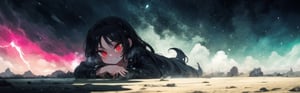 8k resolution, high resolution, masterpiece, intricate details, highly detailed, HD quality, solo, loli, black desert on the background, night, rain, red stars in the sky, scarlet moon, red stars, scarlet cosmos, snowy wasteland, black snow, scarlet lightning, apocalypse, the girl in the share, loli, black hair.long hair.developing hair.formidable aura.the scarlet aura.red eyes.glowing eyes.black coat.black pants.a cheeky smile.a cheeky expression.happy expression,

Focus on the whole body, the whole body in the frame, the body is completely in the frame, the body does not leave the frame, detailed hands, detailed fingers, perfect body, perfect anatomy, wet bodies, rich colors, vibrant colors, detailed eyes, super detailed, extremely beautiful graphics, super detailed skin, best quality, highest quality, high detail, masterpiece, detailed skin, perfect anatomy, perfect body, perfect hands, perfect fingers, complex details, reflective hair, textured hair, best quality,super detailed,complex details, high resolution,USA,JCM2,Captain kirb,jtveemo,ChronoTemp ,EpicArt,Mrploxykun