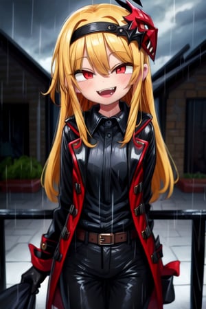 8k resolution, high resolution, masterpiece, long black scaly coat, open coat, yellow hair, white trickster mask,mocking smile painted on the mask,red smile, fanged smile,red eyes painted on the mask,squinted eyes, black gloves, black pants, arms thrown to the side, looking at the viewer, scarlet lightning in the background, rain, thunderstorm, the whole body in the frame, solo, 