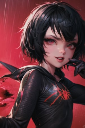 8k resolution, high resolution, masterpiece, intricate details, highly detailed, HD quality, solo, loli, short stature, little girls, only girls, dark background, rain, scarlet moon, crimson moon, moon, moon on the background, science fiction, science fiction city, red neon, blood red neon, burgundy red neon,

Peni Parker.red eyes.shining scarlet eyes.shining eyes.black hair.short haircut.slim build.teenage girl.Spiderman.Marvel.superhero.young woman.slim build.the red web.tight-fitting suit.black and red clothes.black spider print on the chest.black spider emblem.spider print.black print.hood.stretched hood.cheked smile.funny expression.fighting pose,

focus on the whole body, the whole body in the frame, the body is completely in the frame, the body does not leave the frame, detailed hands, detailed fingers, perfect body, perfect anatomy, wet bodies, rich colors, vibrant colors, detailed eyes, super detailed, extremely beautiful graphics, super detailed skin, best quality, highest quality, high detail, masterpiece, detailed skin, perfect anatomy, perfect body, perfect hands, perfect fingers, complex details, reflective hair, textured hair, best quality,super detailed,complex details, high resolution,

,AGGA_ST011,ChronoTemp ,illya,Star vs. the Forces of Evil ,Captain kirb,jtveemo,JCM2,Mrploxykun,Gerph ,Jago,Overlord,Artist,penini,C7b3rp0nkStyle,High detailed ,neon palette,perfecteyes,horror