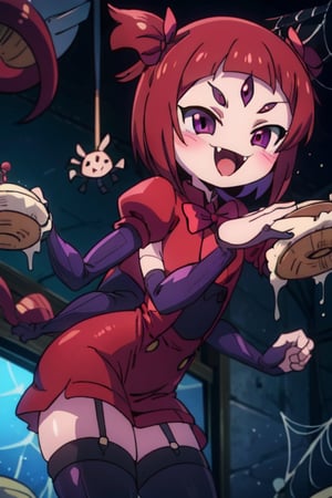 8k resolution, high resolution, masterpiece,  intricate details, highly detailed, HD quality, best quality, vibrant colors, 1girl,muffet,(muffetwear), monster girl,((purple body:1.3)),humanoid, arachnid, anthro,((fangs)),pigtails,hair bows,5 eyes,spider girl,6 arms,solo,clothed,6 hands,detailed hands,((spider webs:1.4)),bloomers,red and black clothing, armwear,  detailed eyes, super detailed, extremely beautiful graphics, super detailed skin, best quality, highest quality, high detail, masterpiece, detailed skin, perfect anatomy, perfect hands, perfect fingers, complex details, reflective hair, textured hair, best quality, super detailed, complex details, high resolution, looking at the viewer, rich colors, ,muffetwear,Shadbase ,JCM2,DAGASI,Oerlord,illya,In the style of gravityfalls,tensura,I’ve Been Killing Slimes for 300 Years
